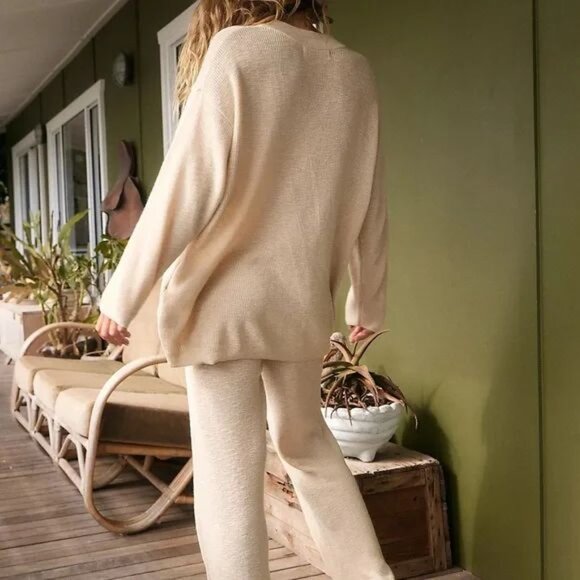 FREE PEOPLE Beach Malibu Solid Sweater Pants Surf Set Size XS Beige Stretch NEW - Picture 5 of 14